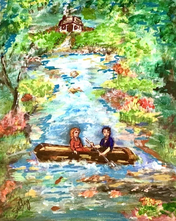 “Serenity” Folk Art Original Painting Colorful Landscape Boat Stream Cabin 8×10