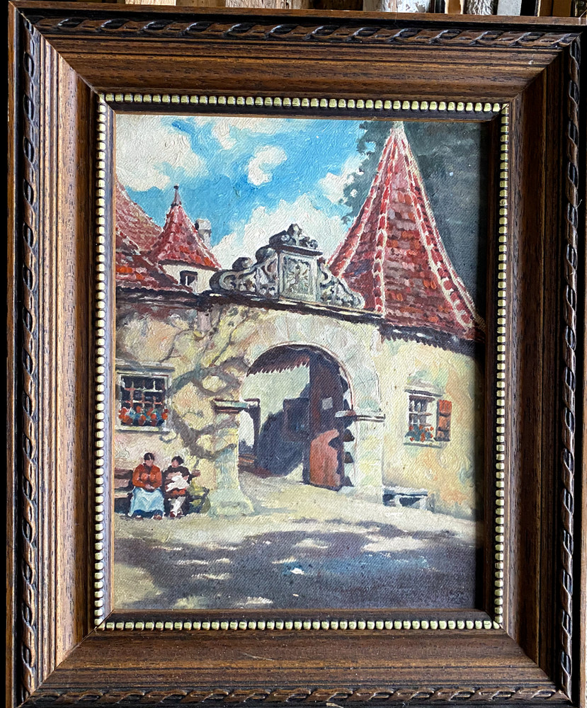 Oil Painting Undeutl. Monogr.stadttor With round Arch Vor Marketplace Menschen
