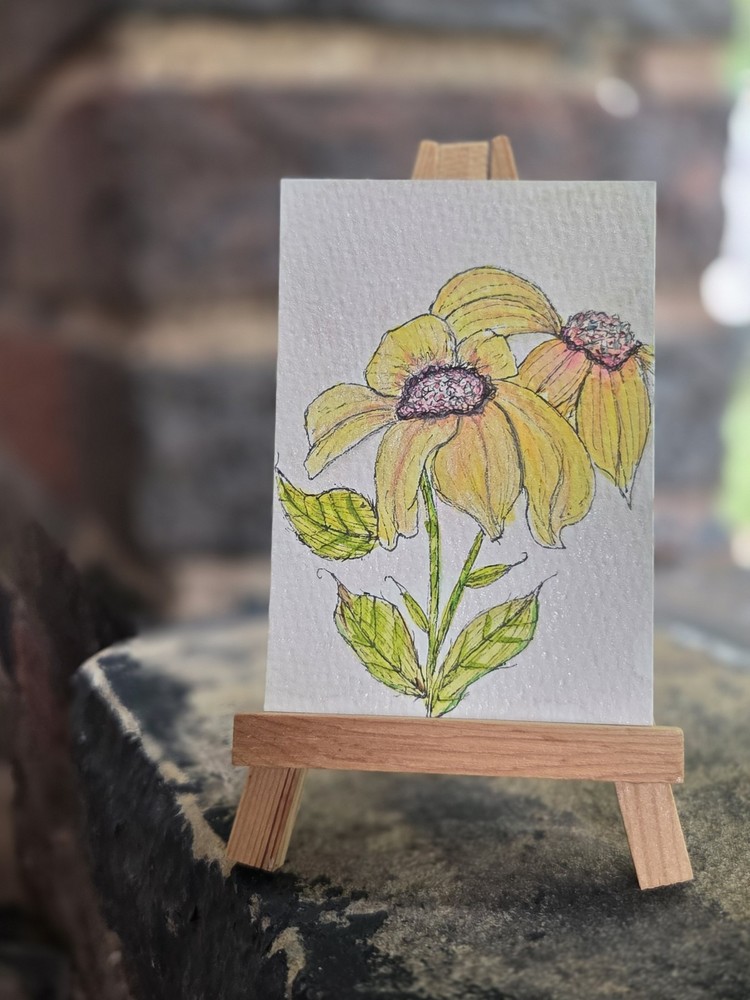 ACEO Original Watercolor & Ink Yellow Coneflowers Floral Miniature Art 2.5 x 3.5