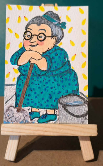 ACEO Original Artist Trading Card 2.5 x 3.5 inches – Granny Grace Mopping Floors