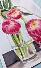 Pink Tulips Floral Watercolor Painting Flowers in Vase Romantic Botanical Art