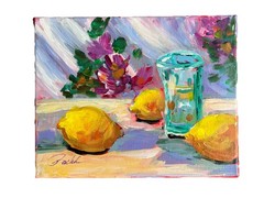 8 X 10 Acrylic Abstract Lemon Water Glass Still Life On Stretched Canvas