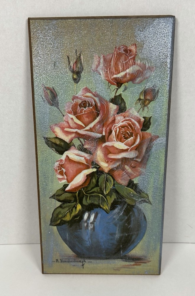 Original Oil Painting Still Life Pink Roses in Vase 12″x6″ Artist Signed