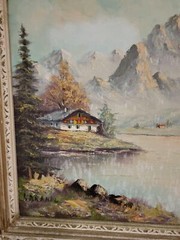 Vintage oil painting signed S.Brandle, mountain landscape with lake