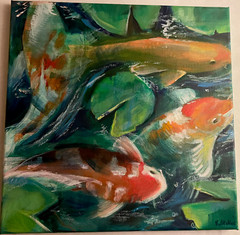 Original Acrylic Painting On Canvas „Koi, Whispers of the Pond“ 12×12 Signed