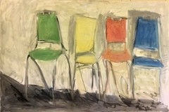 ICE. 3x 5 Feet, Oil On Canvas. Mid Century Colorful Chairs In A Row