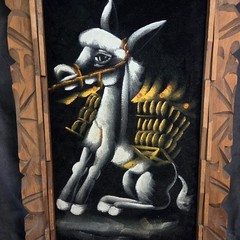 Vintage Mexican Black Velvet Burro Donkey Painting Hand Carved Wood Frame 24×15″