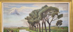 Large oil painting artwork with frame painting oil painting village field river cow
