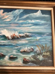 V. Lund – Oil Canvas Framed Painting – 32×44 (Sea, Ocean, Waves, Clouds, Rocks)