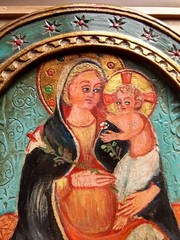 Mother & Child Art Icon Religious Painting Carved Wood Barcelona Spain Gold Leaf