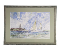 Coastal Sailboat & Lighthouse Watercolor Painting Signed Framed 17×23 Nautical
