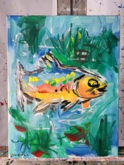 Original Abstract Painting Canvas Neo Expressionist Lake Fish Fine Art 11×14