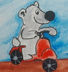 POLAR BEAR SCOOTER 3 inch FOLK ART ORIGINAL PAINTING 3×3 COTTAGECORE art – GAT