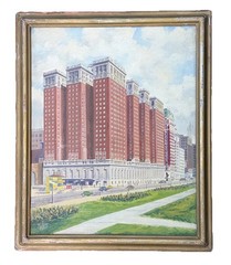 1930’s Signed J Weyers Oil On Board Of A Cityscape W/Hotel & Cars