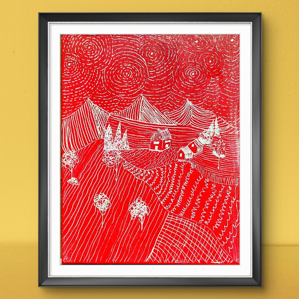 Landscape Line Drawing Abstract Expressionist Original Acrylic Canvas 11×14