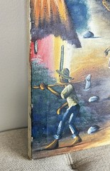 Haitian Folk Art Village Scene Painting by Sanfar Signed & Inscribed Canvas VTG