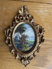 Antique Miniature Rococo Italian Painting Gold Gilt Carved Wood Frame Dome Glass