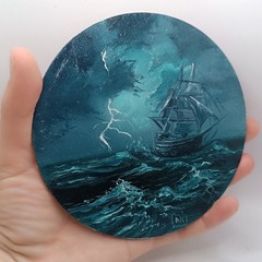 Original Ship in Storm Painting Small Round Seascape Nautical Lightning Artwork