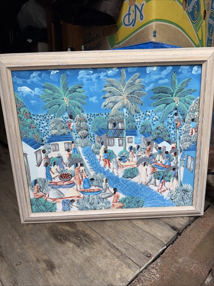 ALABY OIL ON CANVAS HAITIAN PEOPLE LANDSCAPE PAINTING SIGNED 24” 20”