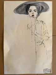 EGON SCHIELE drawing and painting on old paper signed stamped vintage