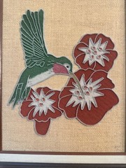 Vintage 1960s 1970s Hummingbird Sand Art Framed Wall Decor Textured Floral Pictu