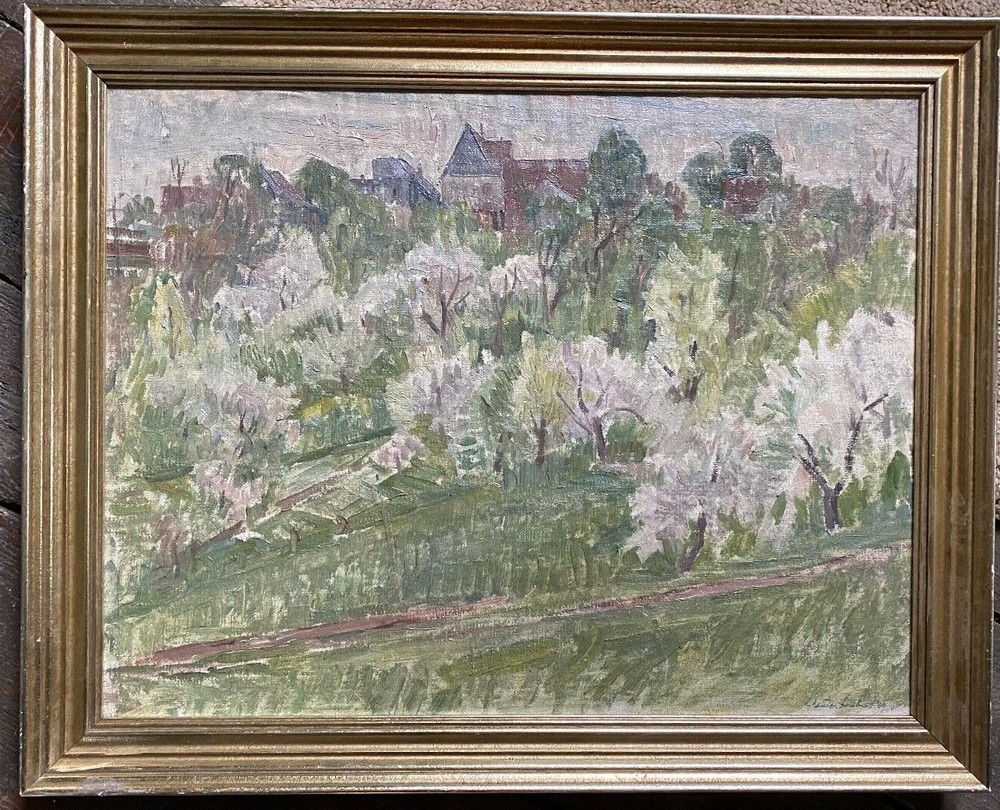 Spring Fruit Tree Blossom Castle Slope Expressionist 1949 Illegibly Signed Oil