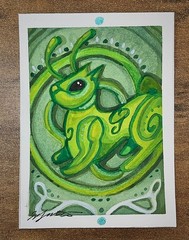 ACEO Original Watercolor Art Cards Alien Celtic Space Cat Animal Irish Green