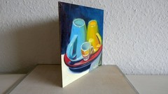 Original Still Life Oil Painting Cups Blue Yellow Kitchen Mug Art Board Sign 8×8