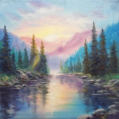 Mountain River Sunrise Oil Painting Original Landscape Nature Art Canvas 10×10