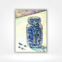 Blueberry Still Life Original Oil Painting Rustic Kitchen Art on Canvas 9×7″