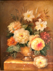 BEAUTIFUL GILT FRAME STILL LIFE OF FLOWERS IN VASE OIL ON BOARD, 14.5“X 12.5“