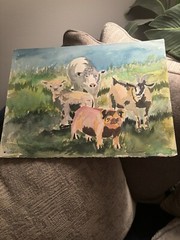 Farm animal cow chickens sheep landscape 12×18 original watercolor art