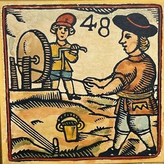 Vntg Catalan Trade Craft Tile Framed 6″ Watercolor Yarn Makers #48 1950s-1960s