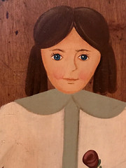 Primitive Original Folk Art Painting Girl Doll Teddy Bear Antique Board AAFA