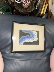 VTG Modern Abstract MCM Signed D Hill 9.75”T 11.75”W Framed Black White Blue