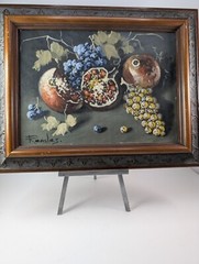 Original Art Oil painting Still life Pomegranates and Grapes on Canvas. Framed.