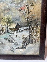 Antique „Figure And Home Landscape In Winter“ Watercolor Painting – Framed