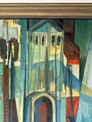 Antique Cubist Painting New York Modernist Expressionist Architectural Mystery