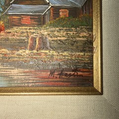 Small Oil Painting Mountains River Cabin Gold Gilt Ornate Frame Signed 15.5×13.5