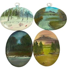 Vintage Mountain Landscapes Mini Oval Paintings Set of 4 Wall Hangings Decor