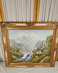 Oil Painting Sign R. Boren “Cabin In the Mountains by A Waterfall“ Framed 24×20
