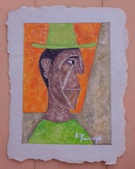 RUFINO TAMAYO 11″ x 8.5″ -HOMBRE CON SOBRERO VERDE- OIL PAINTING ON NATIVE PAPER