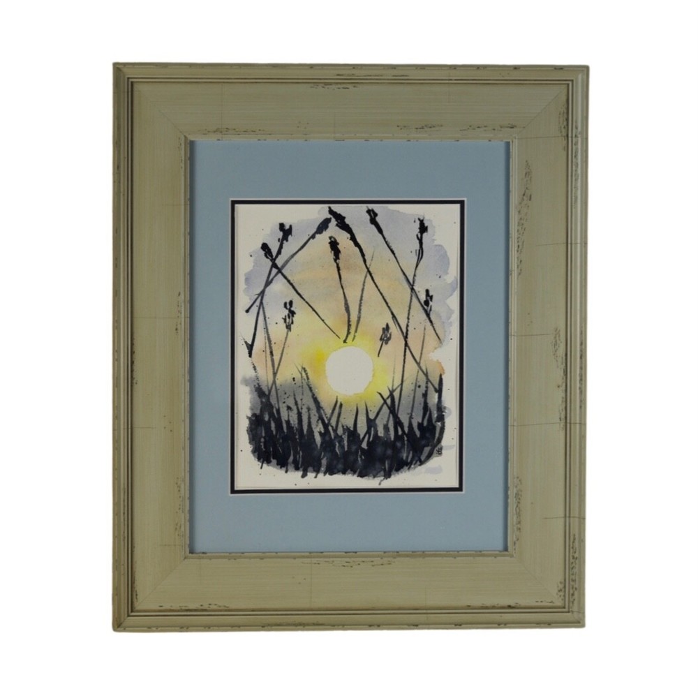 Original Watercolor Painting Blue Ocean Beach Grass Reed Framed Signed 11×14 in
