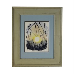 Original Watercolor Painting Blue Ocean Beach Grass Reed Framed Signed 11×14 in
