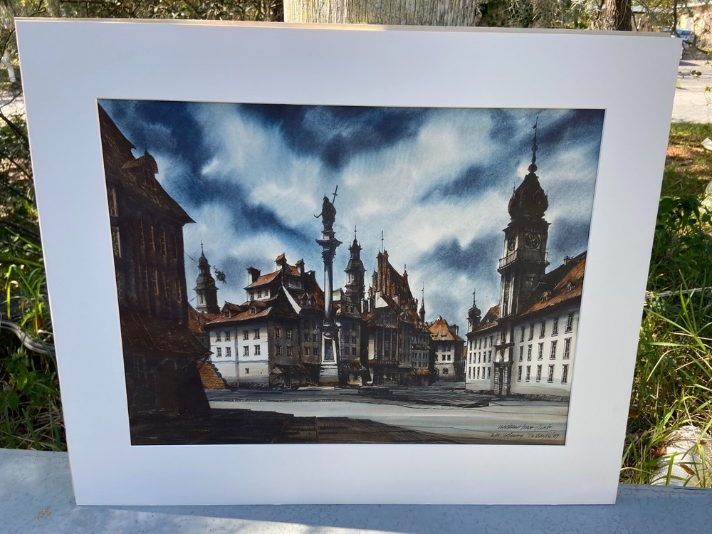 Vintage Watercolor Art Painting Sigismund’s Column Warsaw Poland Signed