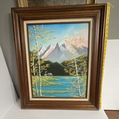 Vintage Mountain Lake Landscape oil painting with Birch trees. Wood frame27x23in
