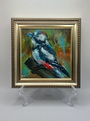 Woodpecker Original Oil Painting Bird Framed Miniature Wall Art 4×4 inch