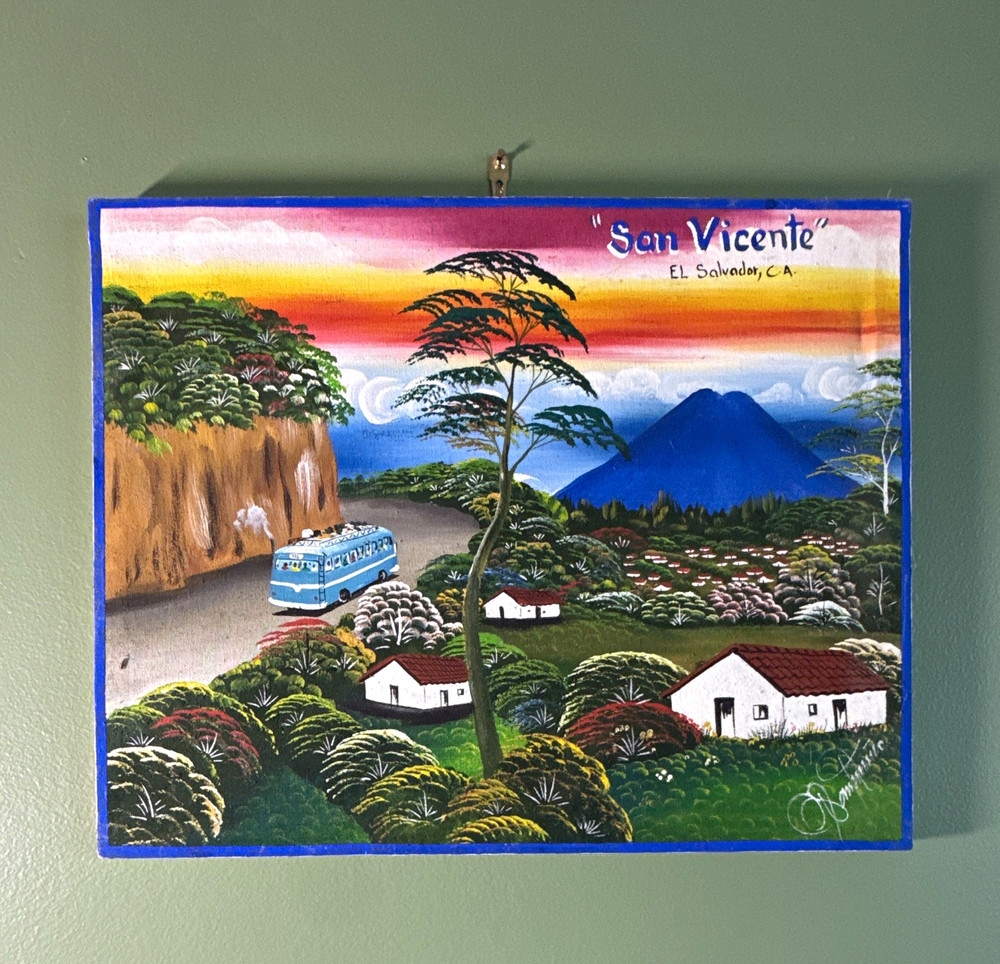 „San Vicente“ Signed Folk Art Landscape Painting Unframed Mountains Village Bus