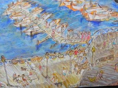 Whimsical contemporary painting of Potomac River quai by Anne Landry