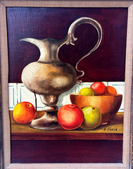 K HANLO HOLLAND SIGNED OIL PAINTING STILL LIFE SILVER VASE WITH ASSORTED FRUITS